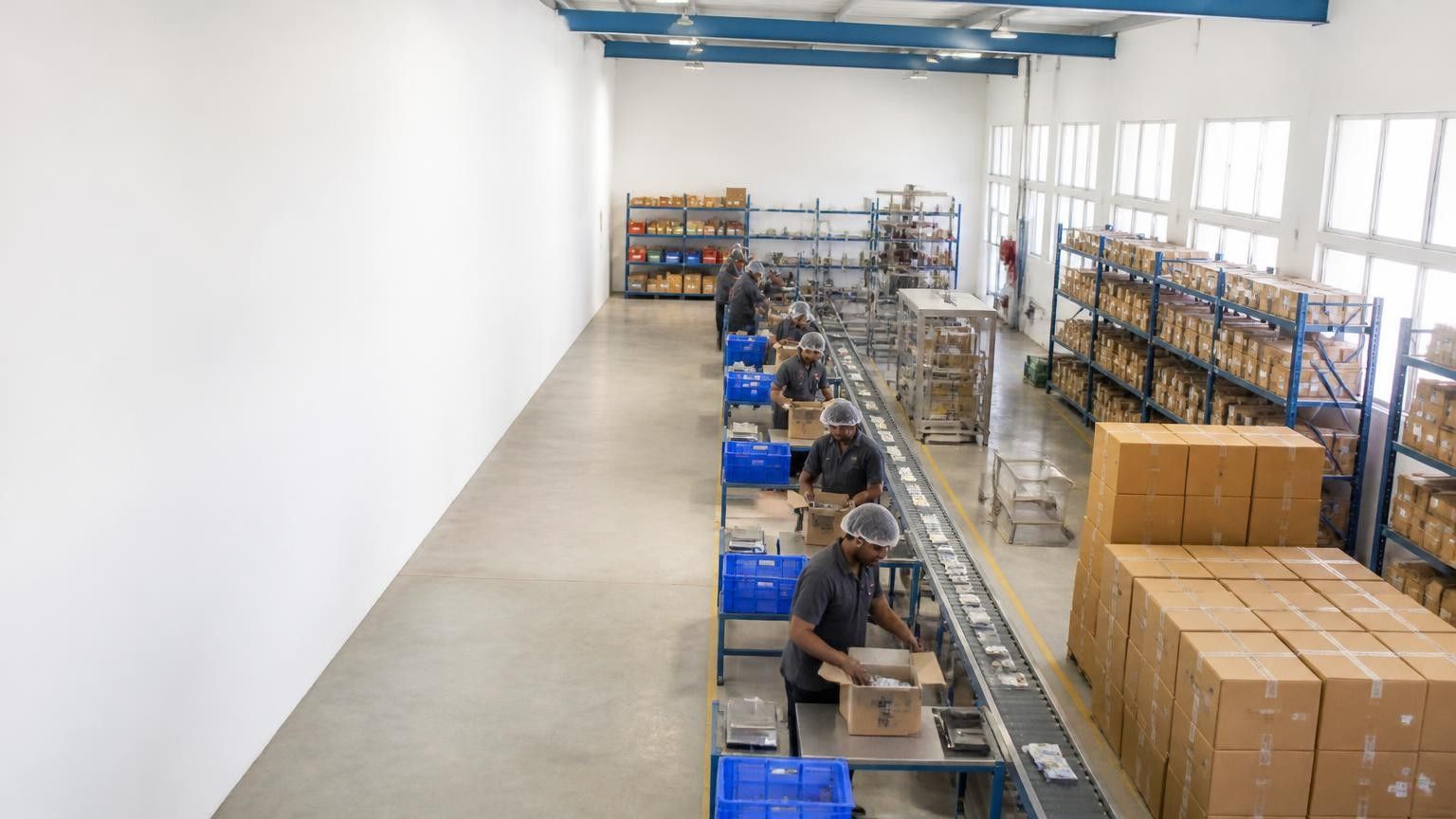 Almacén industrial con inventario y líneas de distribución
